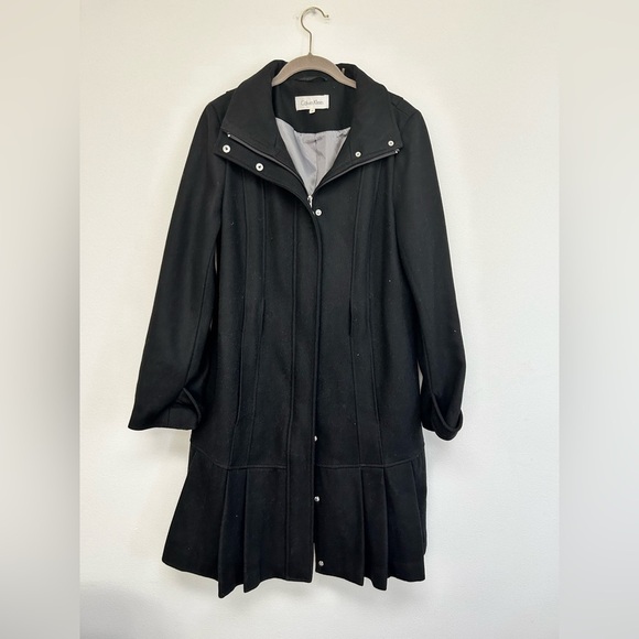 CALVIN KLEIN Black Wool Pea Coat Zip Up Jacket Pleated Womens size 14 - Picture 1 of 5